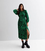 New Look Green Zebra Print Crew Neck Long Sleeve Midi Dress